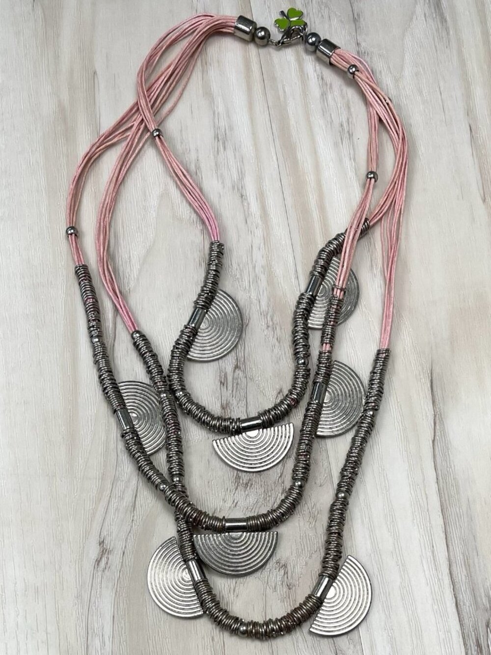 TARA'S DIARY 24" 3-Strand Pink Cord Silvertone Tribal Boho Half Moon NECKLACE